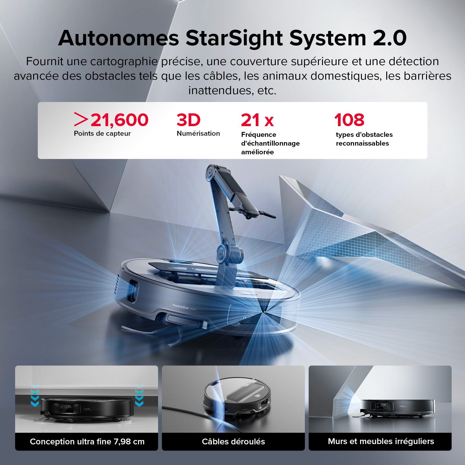 roborock Saros Z70 Aspirateur robot avec fonction de lavage, bras OmniGrip, prise en charge par IA, puissance d'aspiration de 22 000 Pa, ultra-fin de 7,98 cm, support FlexiArm