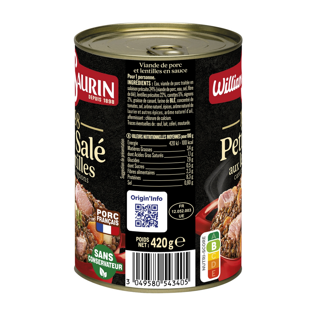 William Saurin Pâté salé aux lentilles Cuisines de pays Boîte métal 1/2 420 g