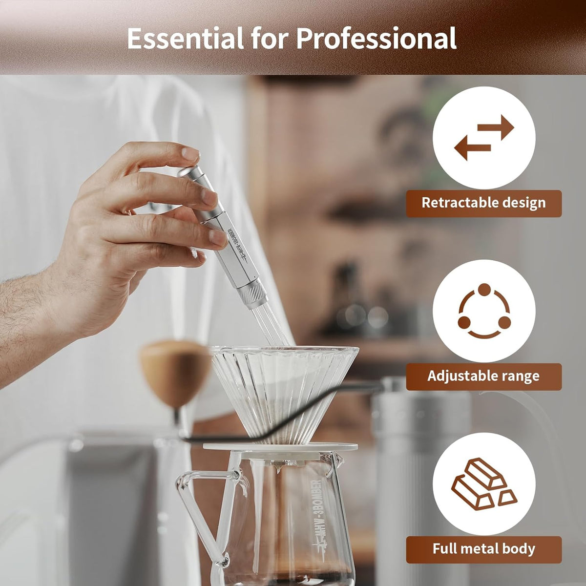 MHW-3BOMBER Outil WDT rétractable, outil de distribution d'espresso avec rangement magnétique, outil de mélange de café à portée réglable pour barista