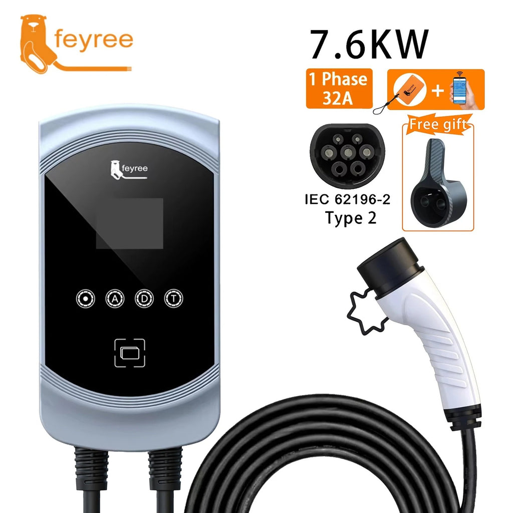 feyree Chargeur de véhicule électrique 32 A, 7,6 kW, monophasé, Wallbox Type 2, câble IEC 62196-2 avec prise, contrôle via application