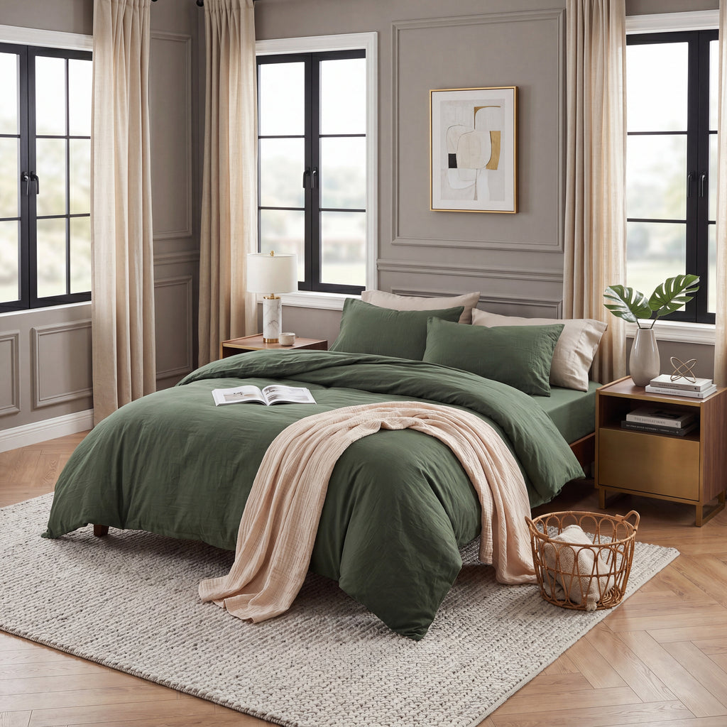 Parure de lit 3 pièces 200 x 200 cm - Vert olive - En coton doux prélavé - Similaire au standard Öko-Tex