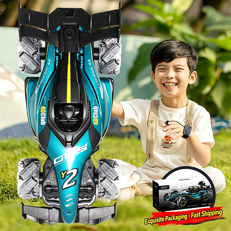 4DRC Y2 Voiture RC de télécommande gestuelle pour enfants de 6 à 12 ans, 2,4 GHz, 4x4, rotation à 360°, voiture de cascade RC Drift avec lumières, musique et spray, échelle 1:12, jouet voiture cadeau pour garçons et filles