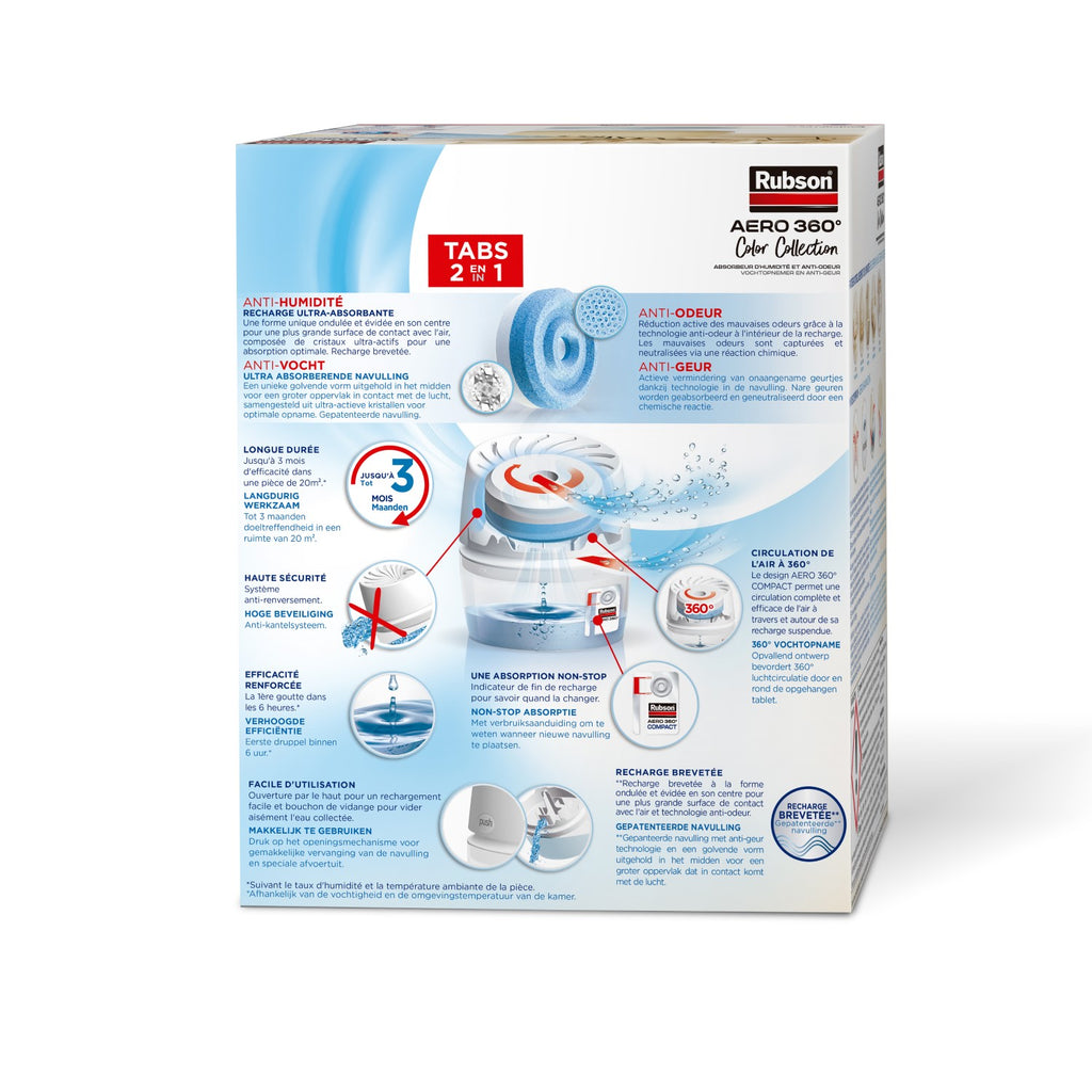 Rubson – Absorbeur d'Humidité Aero 360° Couleur Crème (1 appareil + 1 recharge de 450 g) – Absorbeur anti-humidité pour pièce jusqu'à 20 m² – Déshumidificateur d'air anti-odeur et anti-moisissure