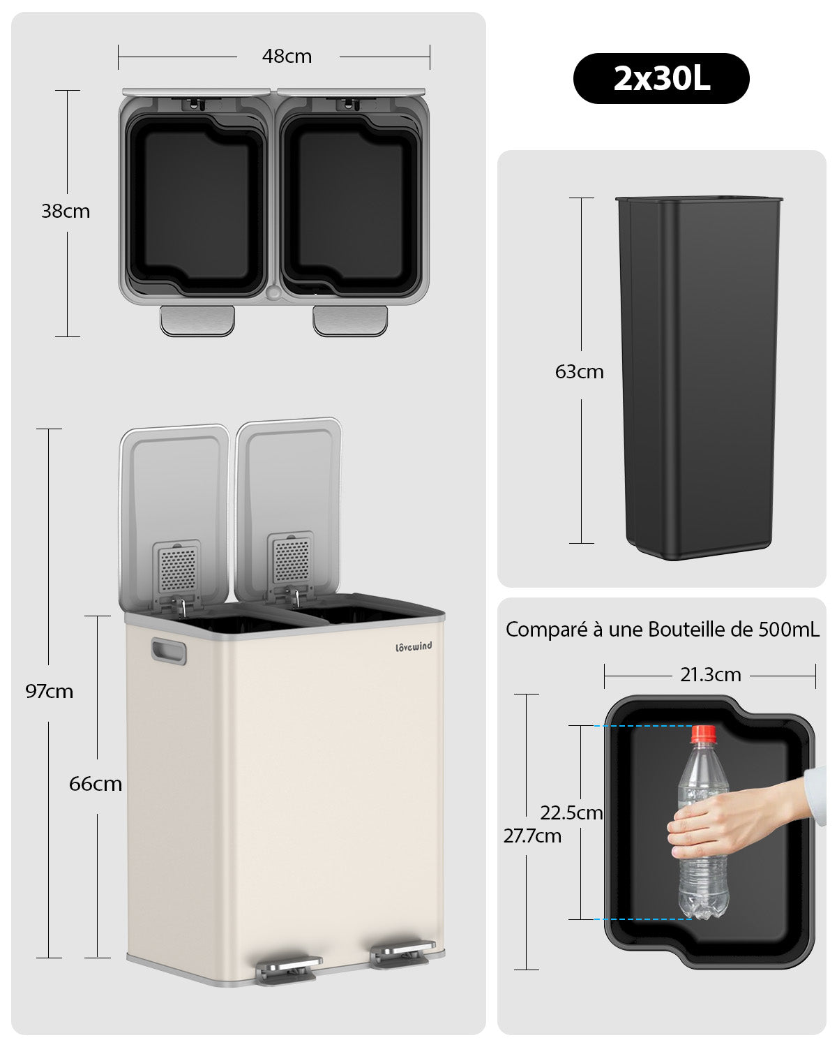 Poubelle de cuisine 60 L (2 x 30 L) en acier inoxydable, poubelle et bac de recyclage combinés avec couvercle à fermeture douce, poubelle à pédale à double compartiment pour recyclage, abricot