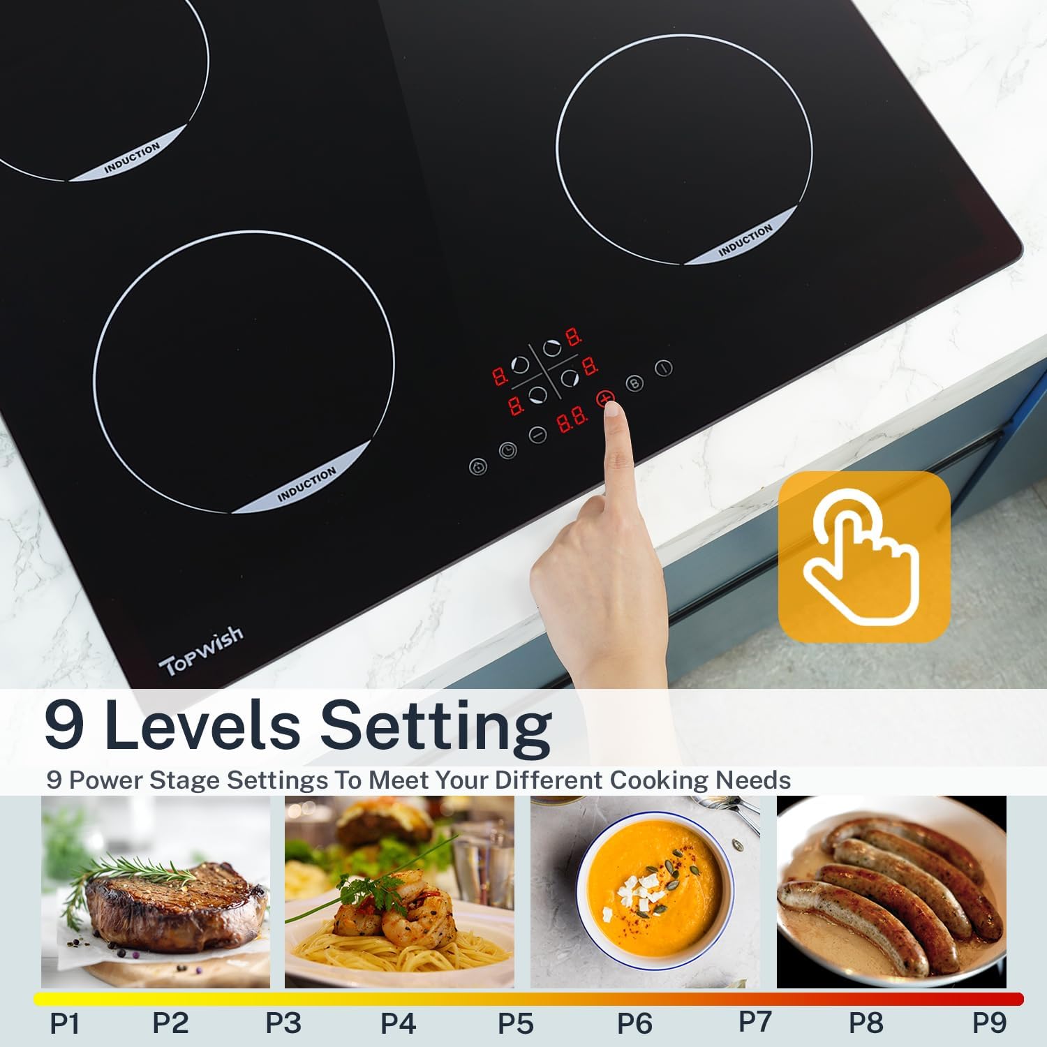 TOPWISH Plaque à induction 4 foyers 60 cm encastrable 4 zones Sécurité enfant Puissance renforcée Commande tactile Indicateur de chaleur résiduelle Minuterie