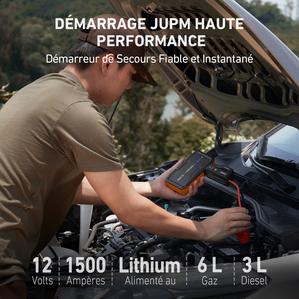 AstroAI S8 Batterie de démarrage pour voiture, booster de démarrage portable 12 V pour moteurs essence jusqu’à 6,0 L et diesel jusqu’à 3,0 L, lampe torche à 3 modes et câble de démarrage