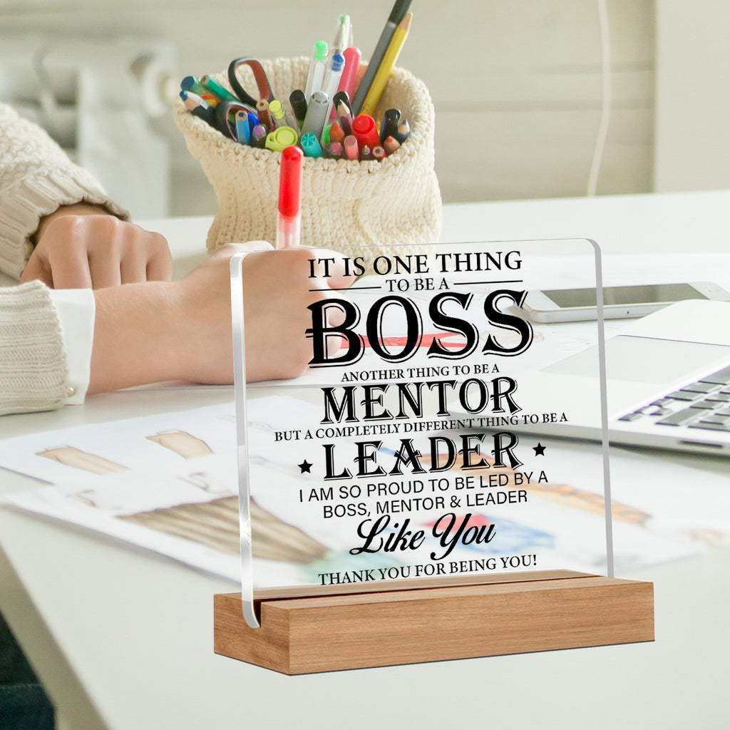 Alphynix 1 pc plaque de reconnaissance de leadership, cadeau en acrylique "BOSS MENTOR LEADER" avec support en bois