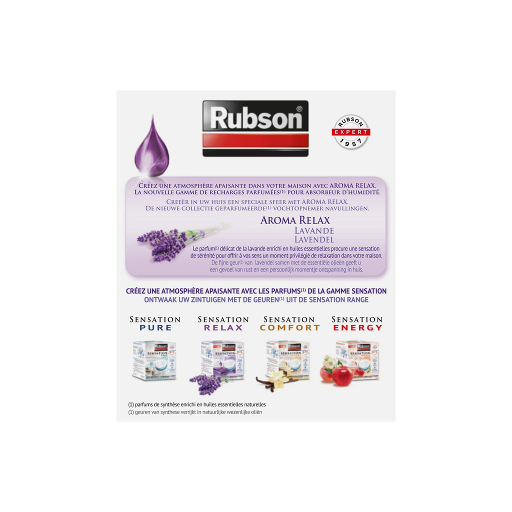 Rubson Sensation Relax Recharges universelles pour absorbeur d'humidité parfum lavande (2 x 300 g) – Recharges 3 en 1 anti-humidité, anti-odeur et agréable parfum