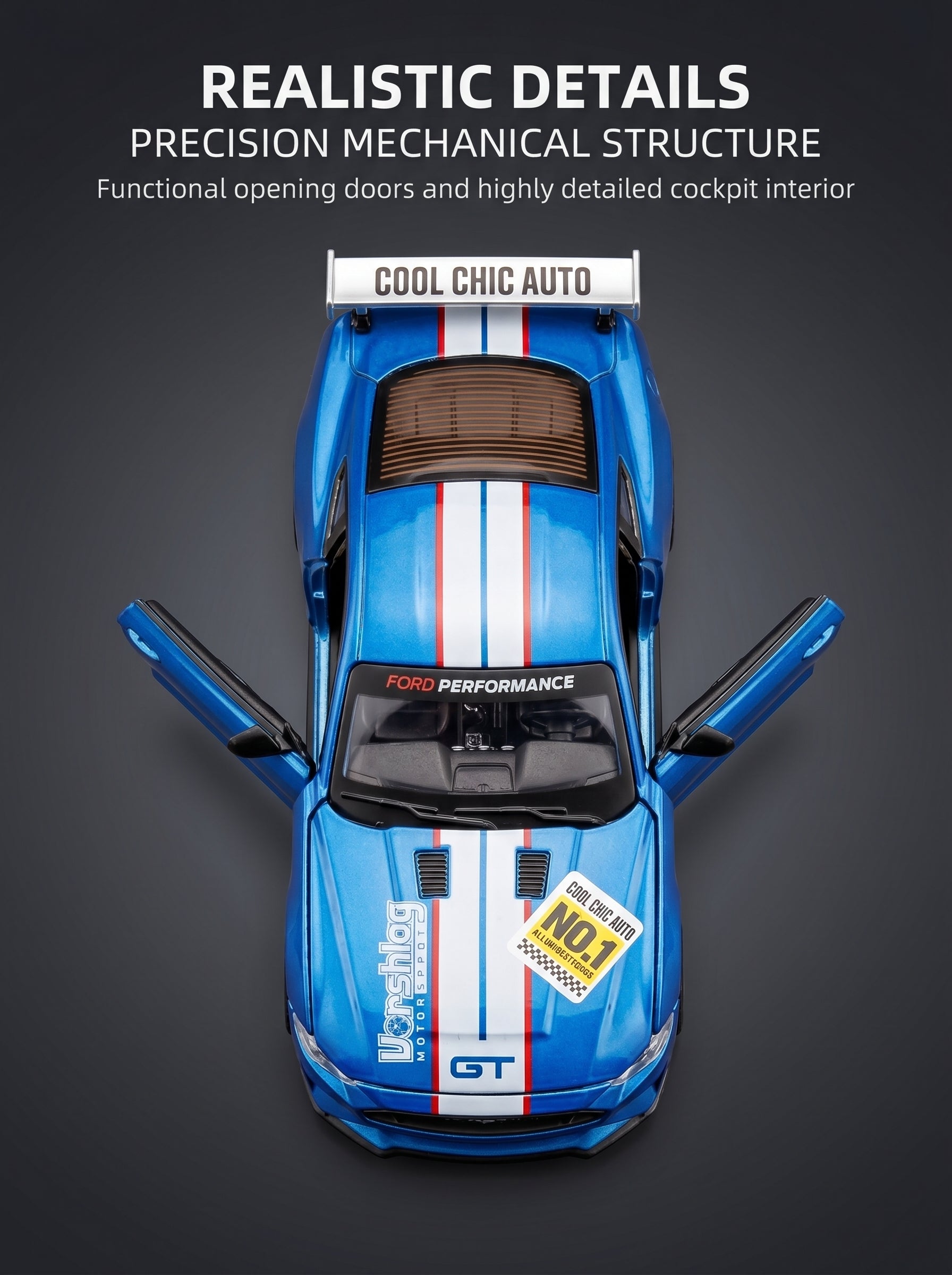 CCA Classic Blue 2018 Ford Mustang GT Voiture Miniature en Métal 1:42 - Kit DIY avec Portes Ouvertes, Intérieur Détaillé, Cadeau de Collection