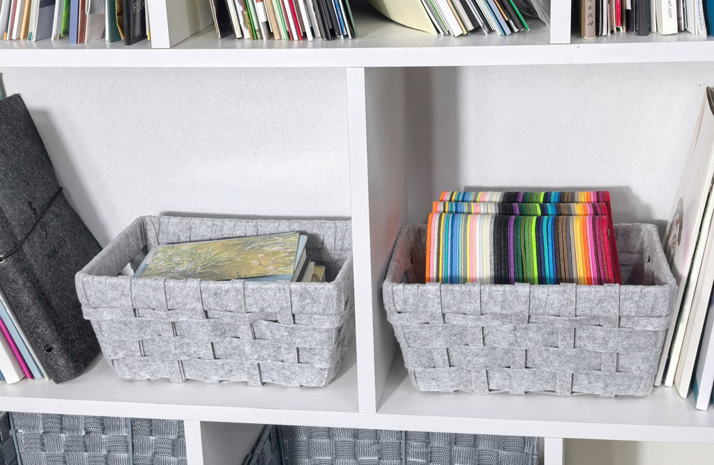 KEVAHOME Lot de 2 paniers de rangement tissés en feutre de laine, petit format, gris clair, 25 x 17,5 x 10 cm