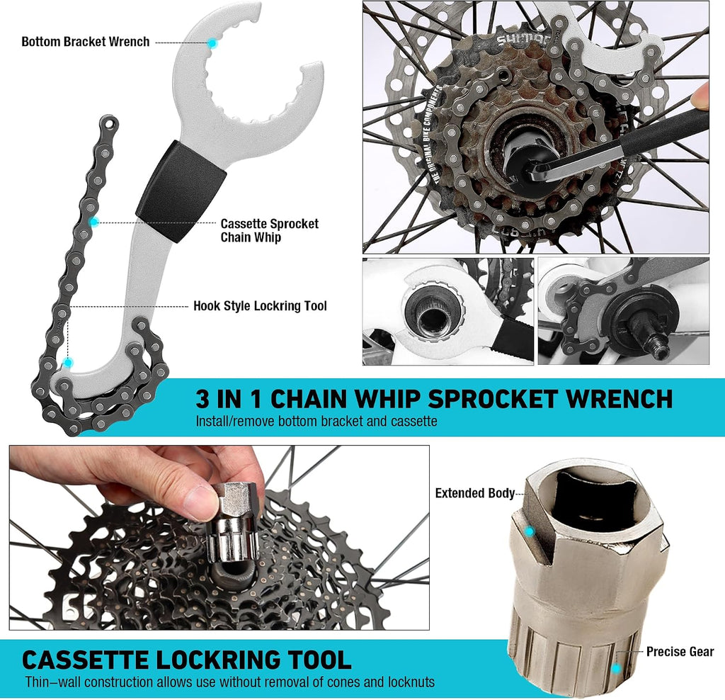 Kit de réparation de vélo 31 pièces avec mallette de rangement, kit d'entretien de vélo, outils de réparation de pneus et de chaîne, boîte à outils portable