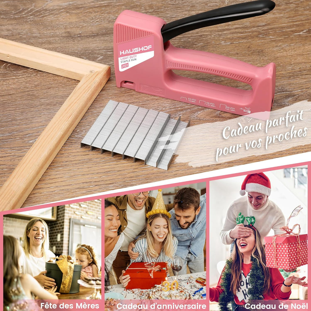 HAUSHOF Agrafeuse manuelle rose pour tapisserie, agrafeuse à bois pour agrafes type 53, avec 800 agrafes 8 mm et extracteur d'agrafes pour bois, tissu, meubles