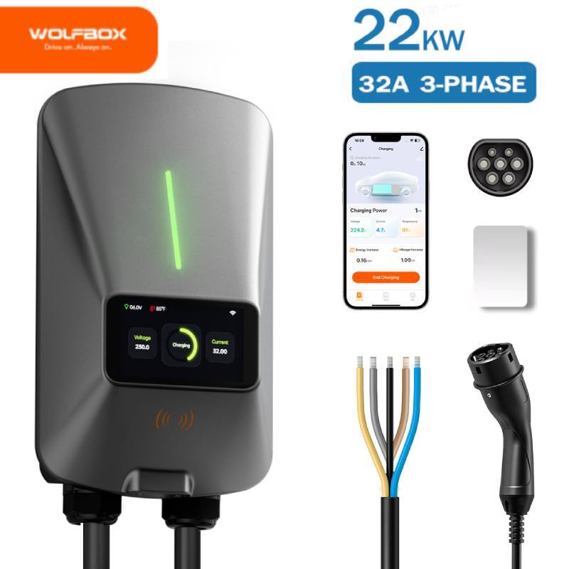 WOLFBOX Station de recharge véhicule électrique AC22 Type 2 22 kW 32 A 1 phase Wallbox avec écran LCD Contrôle par application Carte RFID