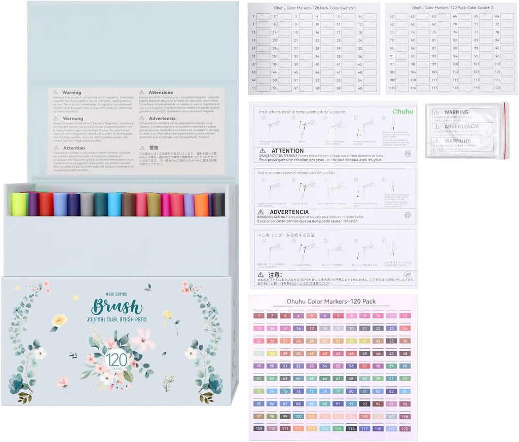 Ohuhu Série Maui - Marqueurs de peinture double embout, 120 marqueurs artistiques pour coloriage, dessin et calligraphie, avec étui de rangement blanc