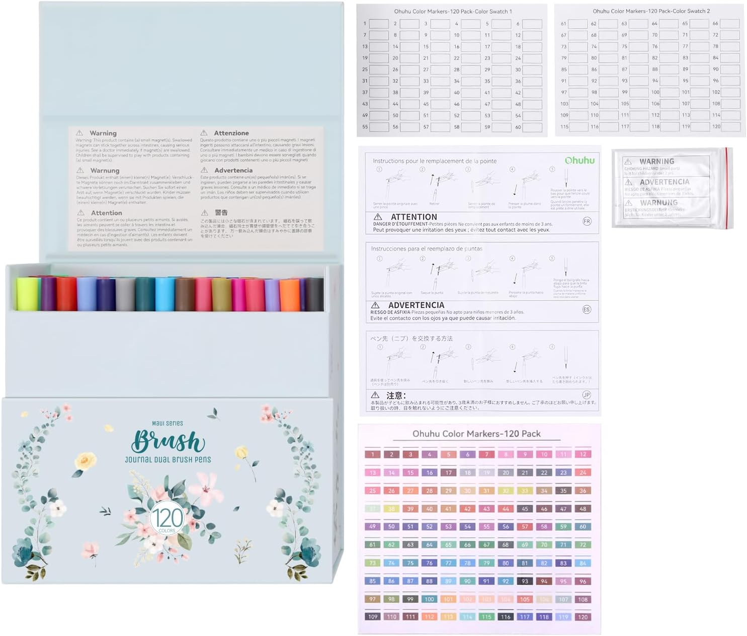 Ohuhu Série Maui - Marqueurs de peinture double embout, 120 marqueurs artistiques pour coloriage, dessin et calligraphie, avec étui de rangement blanc