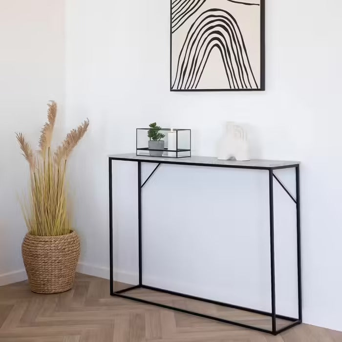 House Nordic Table console, 1 étagère, aspect travertin, structure noire, 110 x 26 x 80 cm