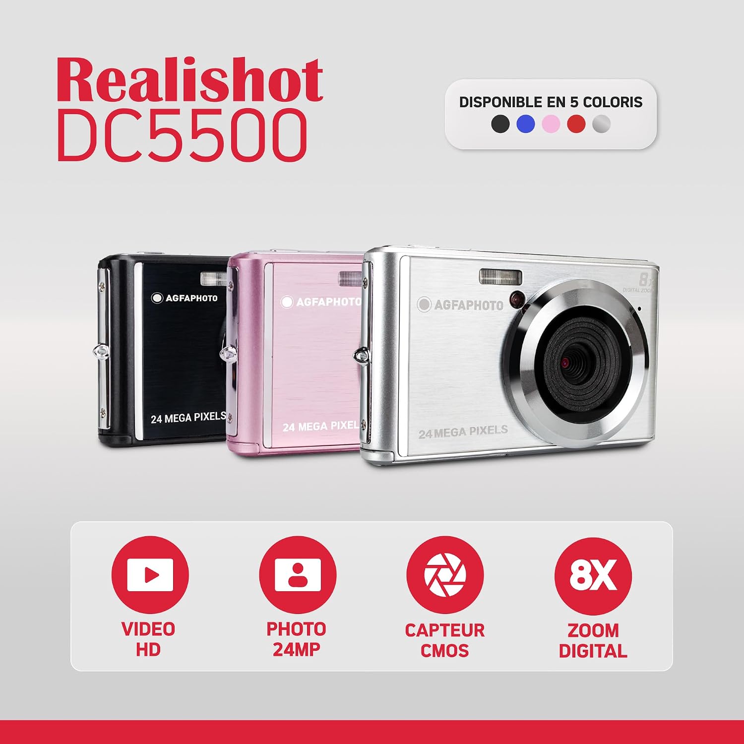 AgfaPhoto Realishot DC5500 Appareil photo numérique 24 MP - Rouge