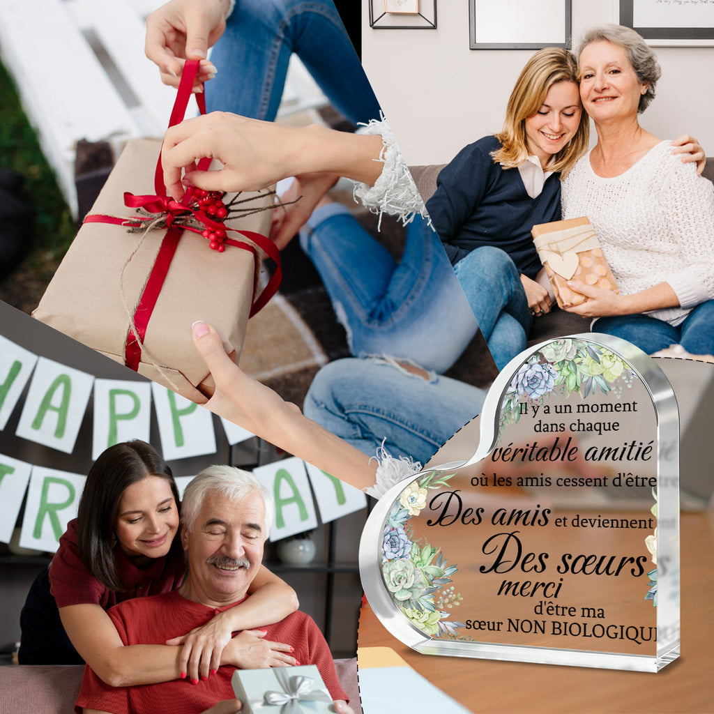 Alphynix 1 pc Plaque Cœur French Sisterhood, "Merci d'être ma sœur non biologique" Cadeau en cristal avec fleurs succulentes peintes à la main, Souvenir d'amitié spirituelle pour sœur d'âme