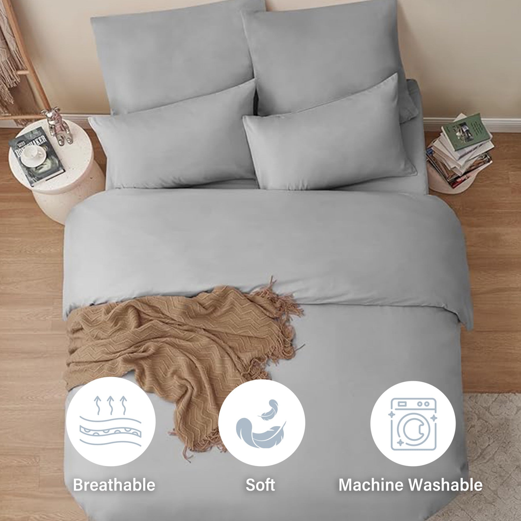 LeBonsoir Parure de lit brossée avec 1 housse de couette 200 x 220 cm et 2 taies d’oreiller 80 x 80 cm, avec fermeture éclair - Gris clair