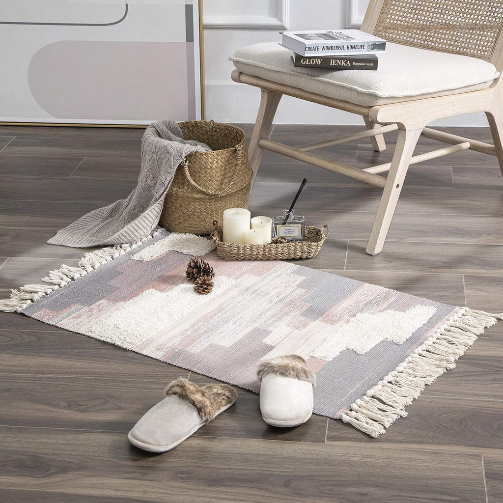 Ashler Tapis en coton, Tapis tissé shaggy à franges et à poils rasés bohème, Tapis de sol de style maison de campagne lavable en machine pour salon, chambre, cuisine