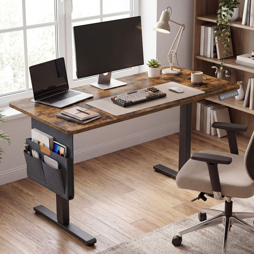 JOYFURNOS Bureau électrique réglable en hauteur brun rustique avec 4 mémoires de hauteur - 120 x 60 cm