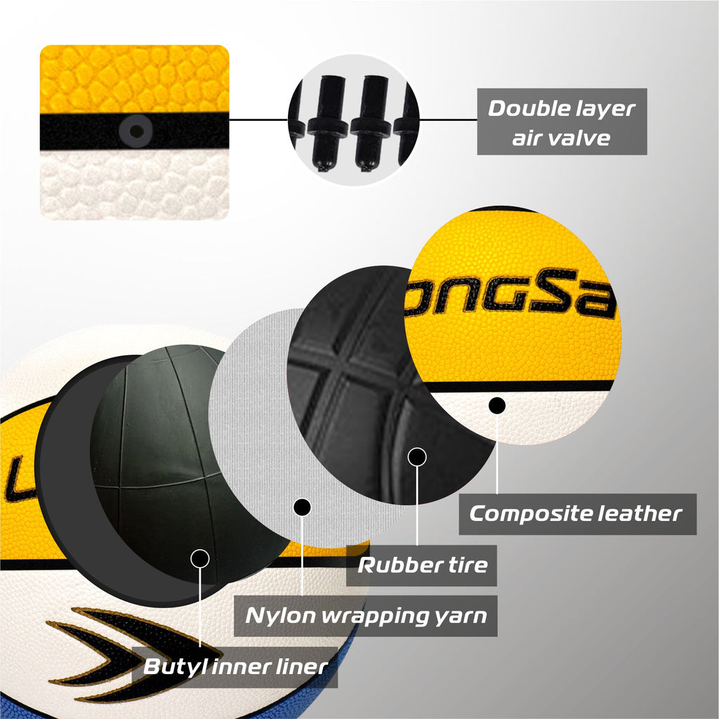 LONGSAIL Ballon de basket-ball en cuir composite haut de gamme/cuir microfibre taille 5 Jaune/Blanc/Bleu polyuréthane absorbant l’humidité