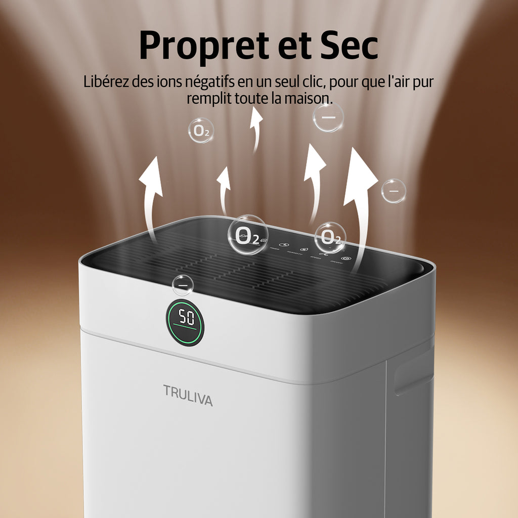 TRULIVA Déshumidificateur 25 L/jour avec séchage du linge, dégivrage automatique, R290, réservoir de 2,8 L et tuyau d’évacuation en continu, pour la maison, les sous-sols