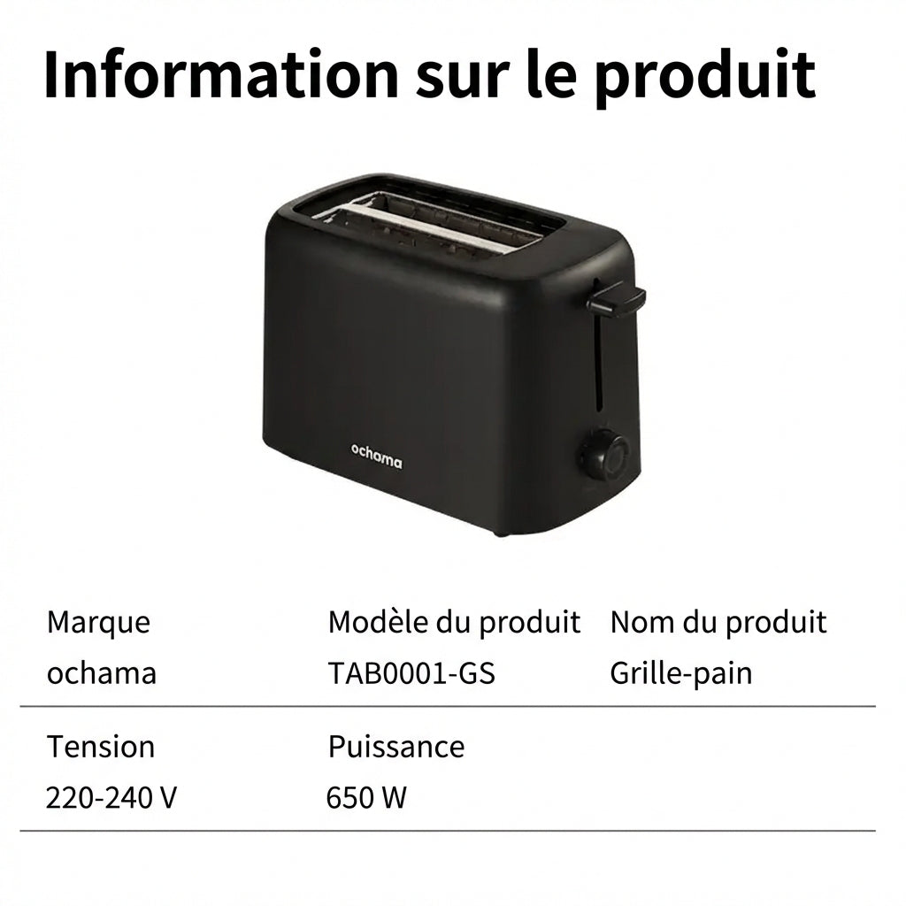 Ochama Grille-pain multifonction 650 W avec 6 niveaux de brunissage