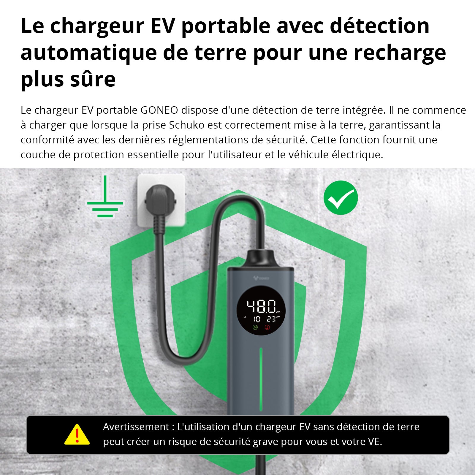GONEO 3.68kW Chargeur EV portable Type 2, fiche Schuko 16A avec protection RCD 30mA+6mA DC, minuterie et économie d’énergie, sécurité totale