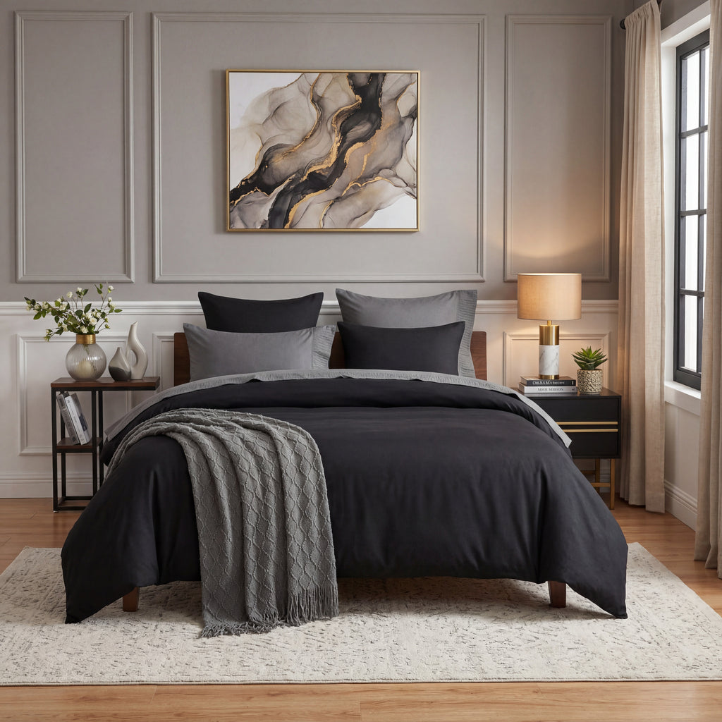 Parure de lit en microfibre avec housse de couette de 80 x 80 cm et taie d'oreiller Noir 200 x 200 cm, 90% Polyester