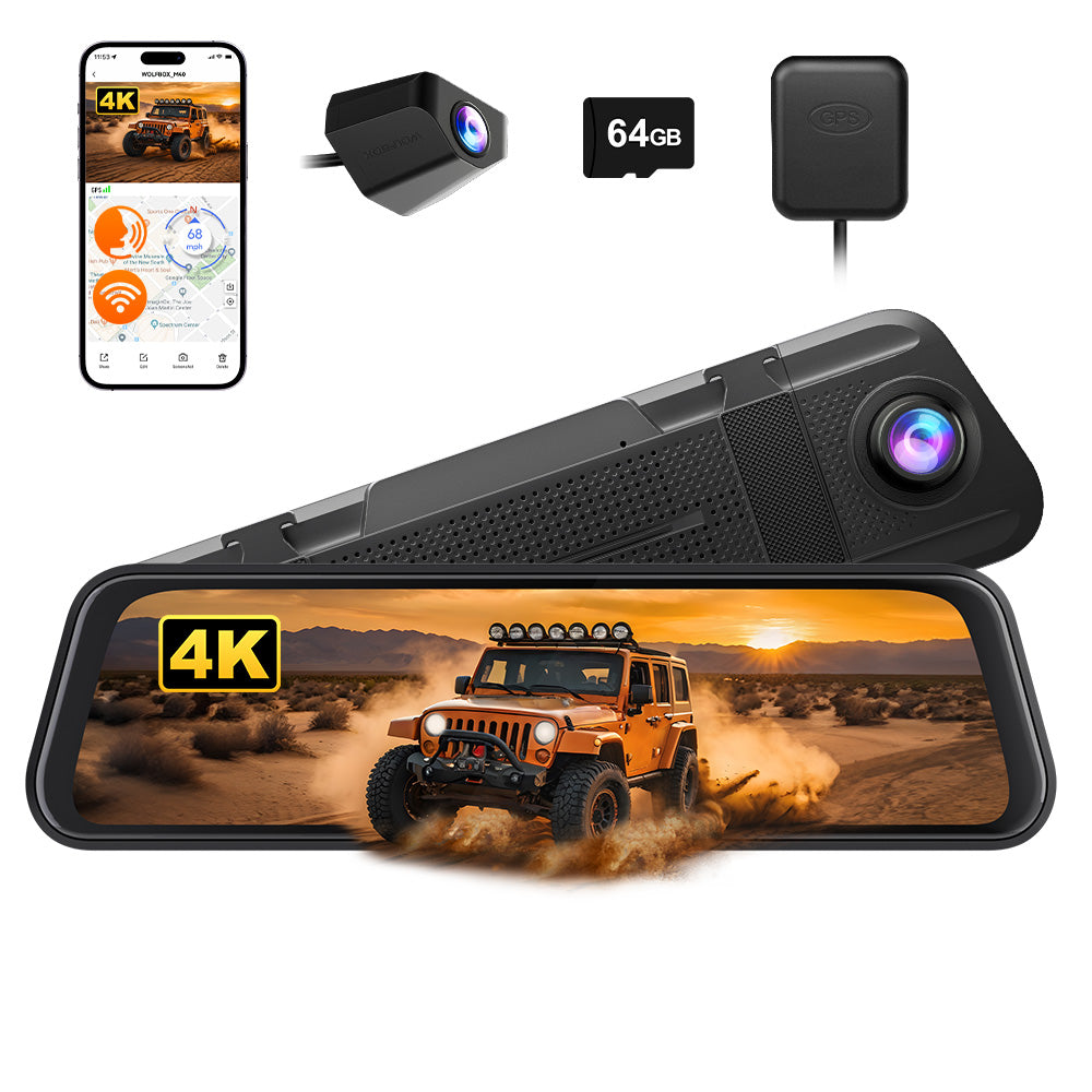 WOLFBOX M40 Caméra de rétroviseur 10 pouces, Caméra embarquée avant et arrière 4K+1080P, Caméra embarquée rétroviseur avec ADAS/BSD, Commande vocale, Carte 64 Go incluse, Wi-Fi et GPS