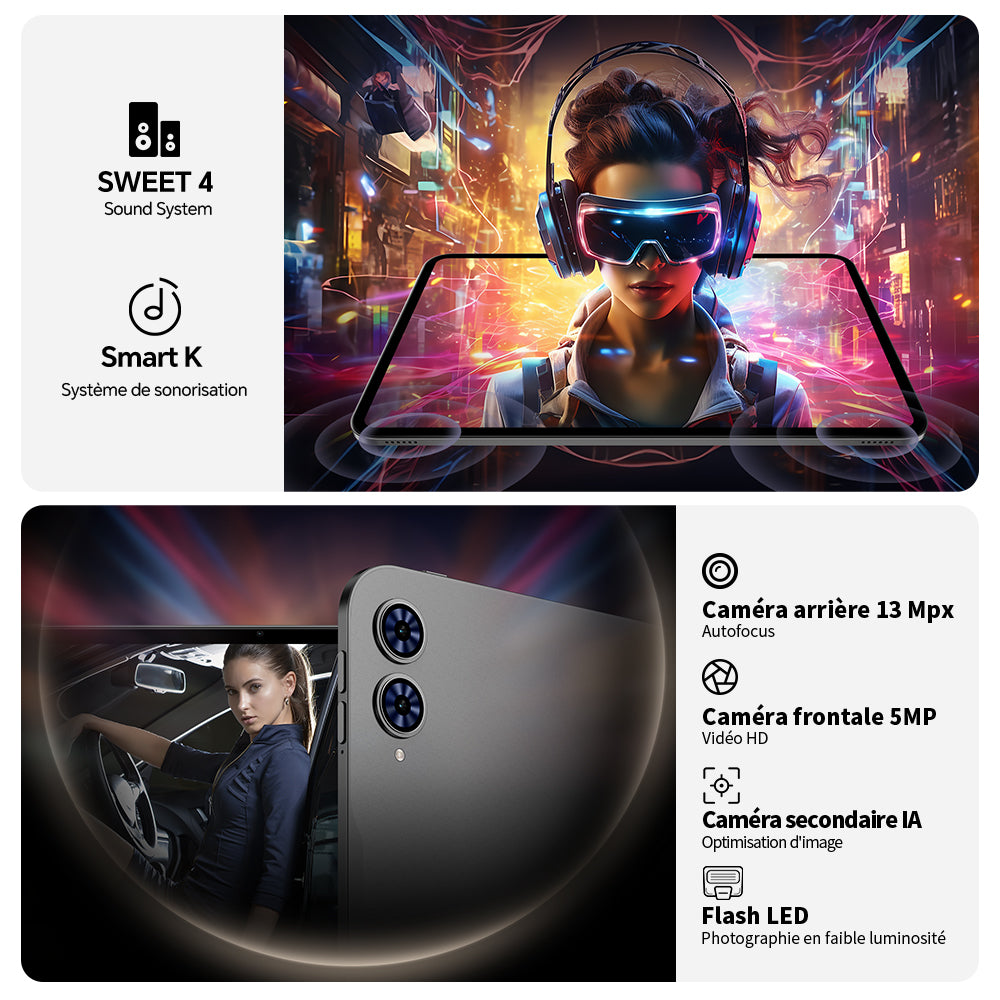 Teclast T65 : écran 13,4" 120 Hz, Android 16, processeur 2,2 GHz, 20 Go RAM (8+12 Go virt.) + 128 Go, double SIM 4G + Wi-Fi 5G, Widevine L1, 13 MP, BT5.0, GPS, housse + clavier BT.