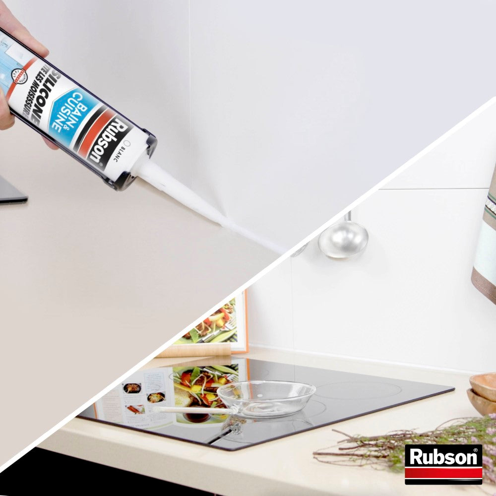 Henkel Rubson, Mastic Bain & Cuisine Silicone Évite Les Moisissures Blanc (cartouche de 280 ml) – Mastic sanitaire à base de silicone – Mastic étanche renforcé en antifongique