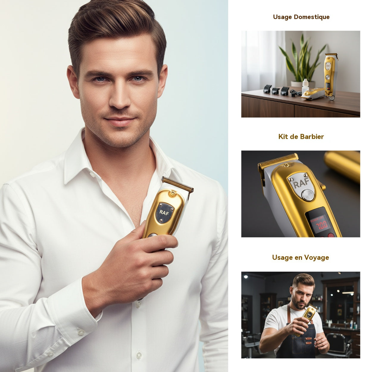 RAF Tondeuse professionnelle pour hommes, puissance 5 W, sans fil, lame T, écran LCD, pour cheveux épais, kit de toilettage à domicile