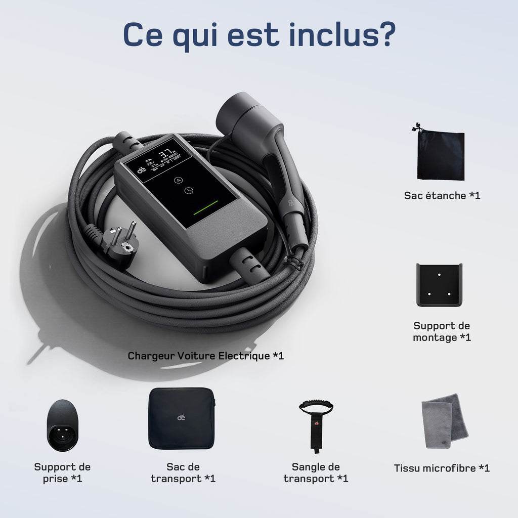dé Chargeur EV 3,7 kW avec application 7 m 6–16 A réglable Type 2 Schuko Chargeur de voiture électrique Plug & Play avec écran LCD, IP66, et DDR Type A 30 mA AC + 6 mA DC, Câble de charge de voiture électrique pour EV/PHEV, Noir