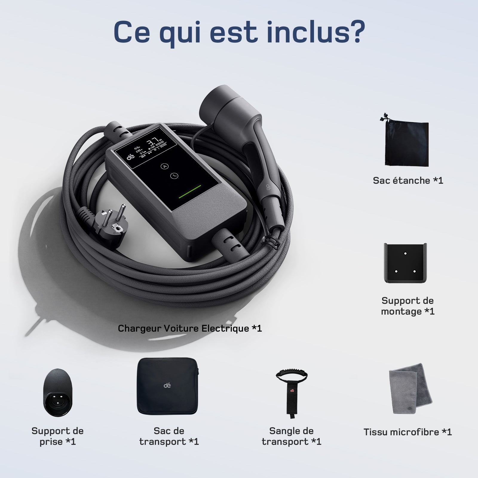 dé Chargeur EV 3,7 kW avec application 7 m 6–16 A réglable Type 2 Schuko Chargeur de voiture électrique Plug & Play avec écran LCD, IP66, et DDR Type A 30 mA AC + 6 mA DC, Câble de charge de voiture électrique pour EV/PHEV, Noir