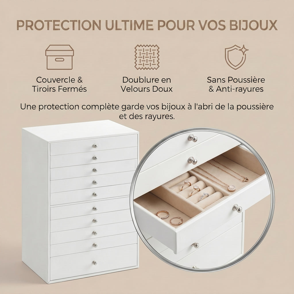 JOYFURNOS Organisateur de bijoux avec tiroirs, grande boîte de rangement, idée cadeau moderne pour chambre, 10 niveaux, blanc
