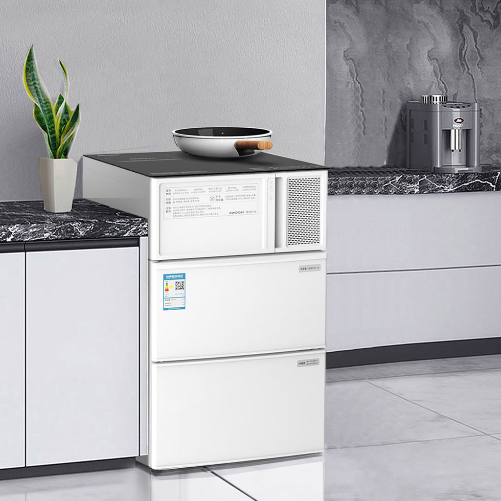 AWOOM Mini cuisine 4-en-1 550*587*900 mm, four à micro-ondes multifonction, cuisinière à induction et réfrigérateur, 220 V/2000 W, un ensemble de quatre appareils