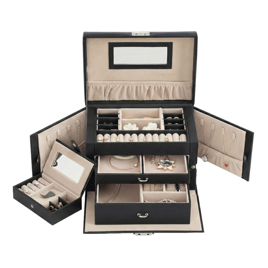 JOYFURNOS Boîte à bijoux 3 niveaux, Organisateur de bijoux avec 2 tiroirs, Étui à bijoux avec étui de voyage portable, Avec poignée, Verrouillable, Rangement pour bijoux, Cadeau pour les proches, Noir