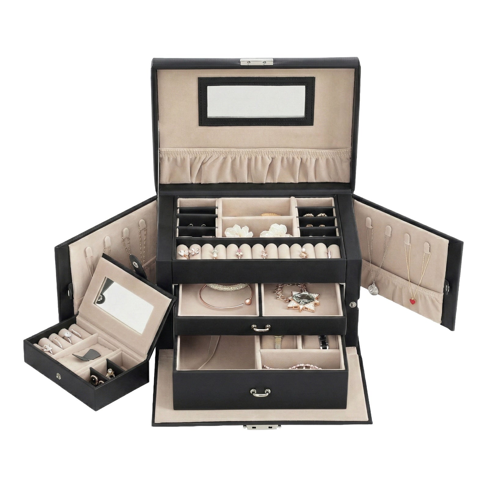 JOYFURNOS Boîte à bijoux 3 niveaux, Organisateur de bijoux avec 2 tiroirs, Étui à bijoux avec étui de voyage portable, Avec poignée, Verrouillable, Rangement pour bijoux, Cadeau pour les proches, Noir