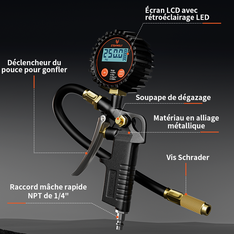 ETENWOLF T500 Manomètre numérique pour pneus avec gonfleur 0-250 PSI, calibré selon ANSI B40.7 grade 2A, embout à air et accessoires pour compresseur avec sac de rangement - Noir