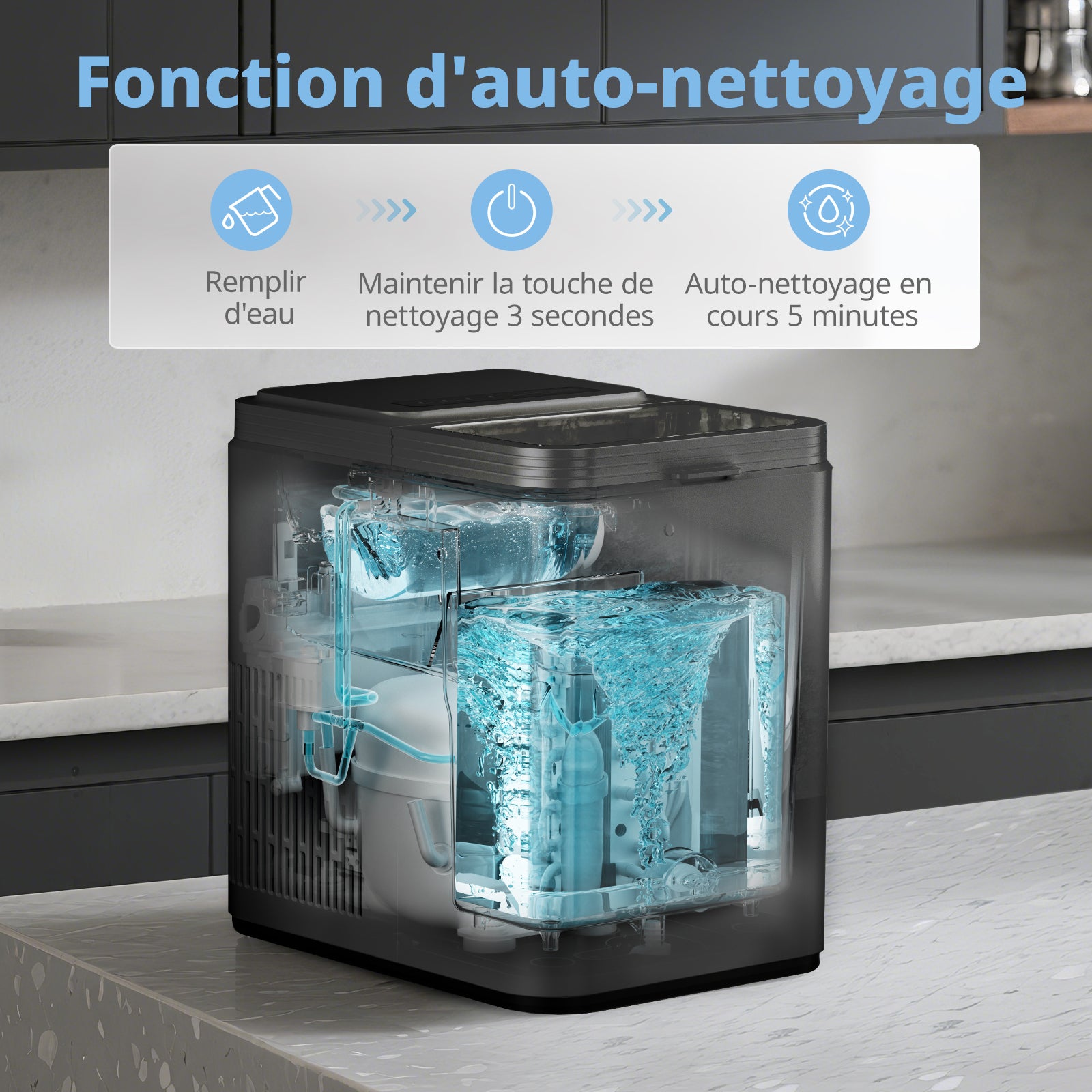 Comfee' RCI12BL1EU(E) Machine à glaçons, 8 glaçons en 6 min, 12 kg/24 h, réservoir d'eau 1,3 L, fonction autonettoyante, machine compacte à glaçons cylindriques