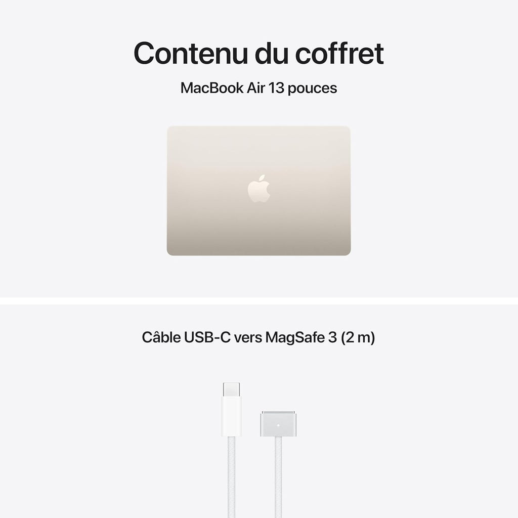 Apple MacBook Air 15 pouces Puce M5 CPU 10 cœurs GPU 10 cœurs 16 Go RAM 1 To SSD Lumière stellaire, AZERTY