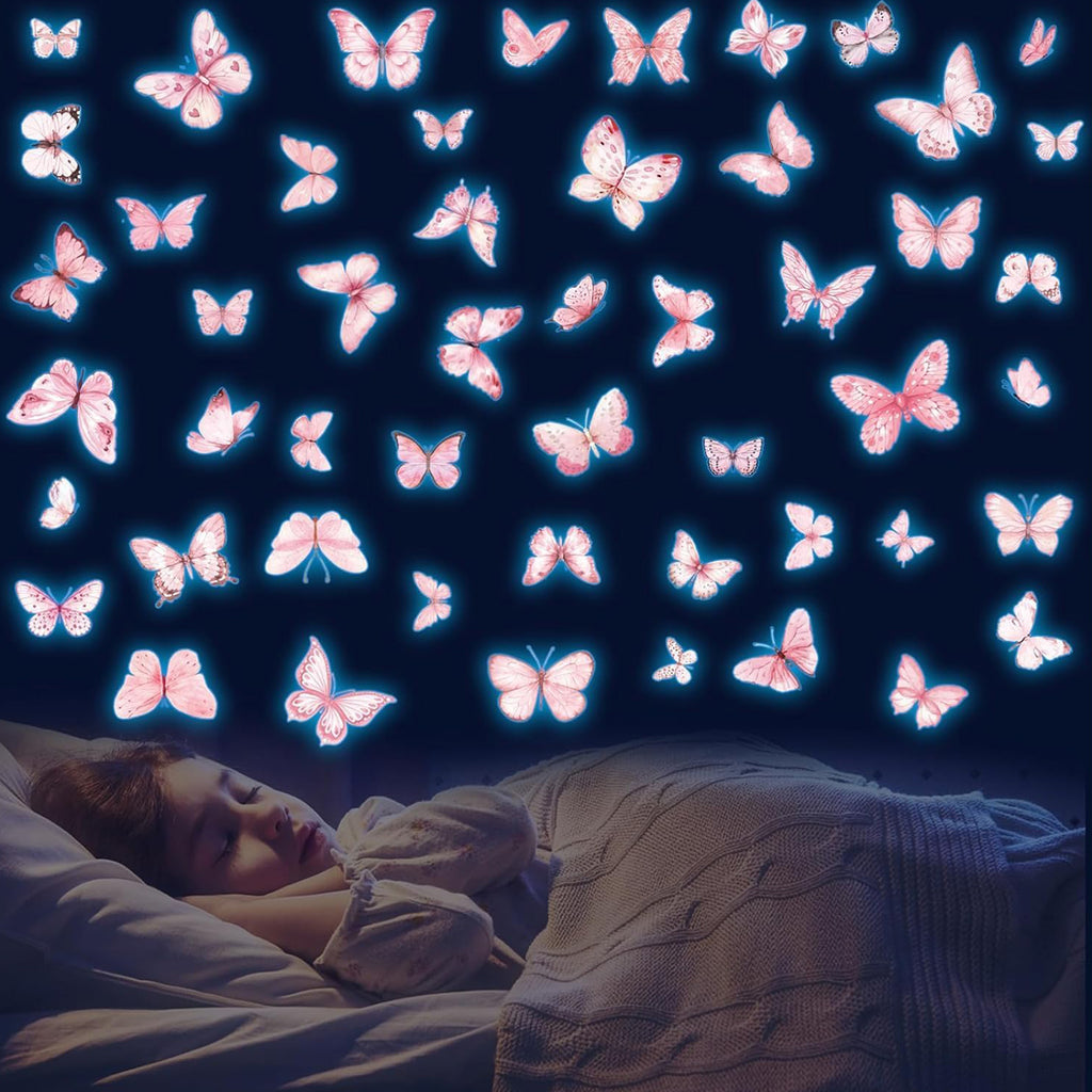 JU7CER Lot de 3 pièces de 20x30 cm autocollants muraux bleu-lumière autocollants muraux phosphorescents papillon bleu-lumière imprimé rose chambre de fille chambre d'enfant autocollants muraux