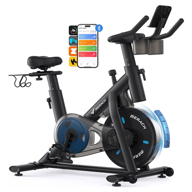 MERACH vélo d'appartement à résistance magnétique, pour usage intérieur, avec support pour haltères et support pour tablette, avec application intégrée, charge maximale 122kg