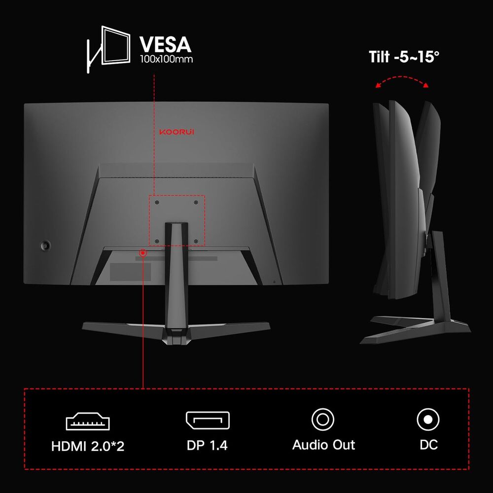 KOORUI Moniteur de jeu incurvé QHD 27 pouces, 2560*1440, 180 Hz 1 ms, DCI-P3 85 %, Inclinaison réglable, HDMI/DP, MG27A12QV3