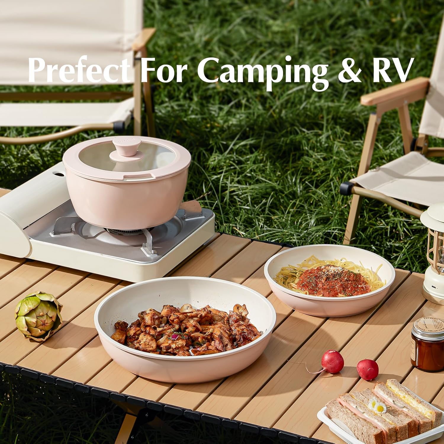 Redchef Set de 5 pièces de cookware en revêtement céramique, avec casseroles de 20 cm, couvercle, poêles de 20 cm/26 cm & poignée amovible, sans PTFE/PFOA/PFAS, compatible lave-vaisselle, extérieur rose & intérieur blanc