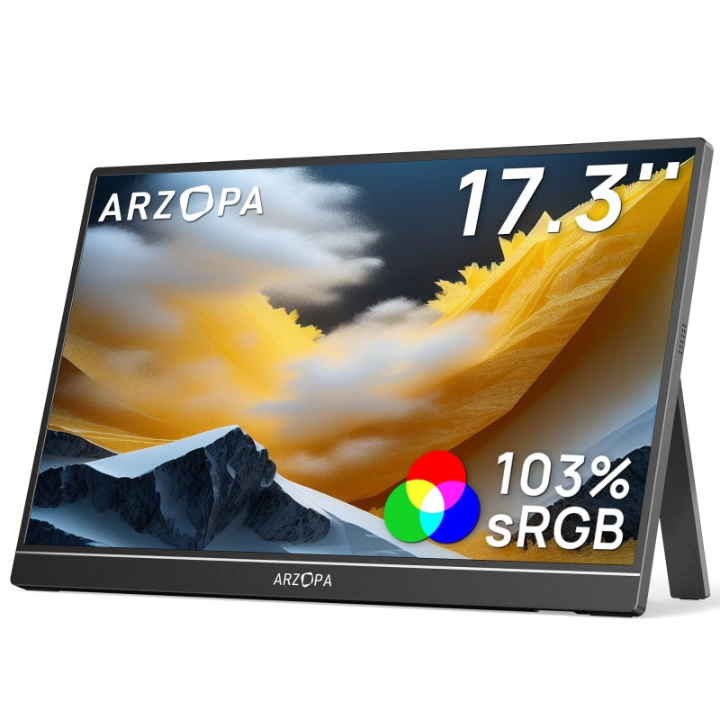 ARZOPA A1M Moniteur portable 17,3 pouces, grand écran portable avec affichage IPS HDR Full HD et pied, parfait comme second écran USB-C et HDMI pour ordinateur portable, PC, smartphone, PS5, Xbox