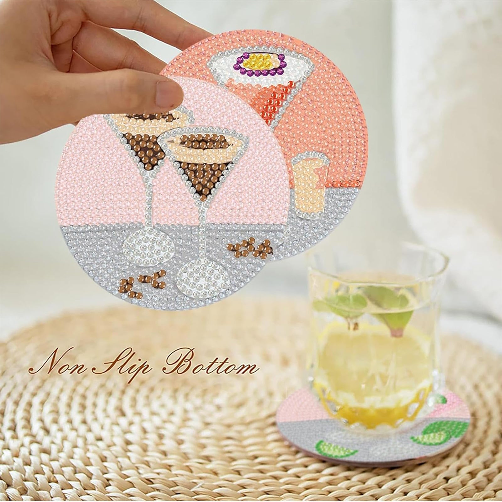 Ju7cer Lot de 6 sous-verres de peinture diamant 5D avec support - Art cocktail DIY pour tables à boissons et de café