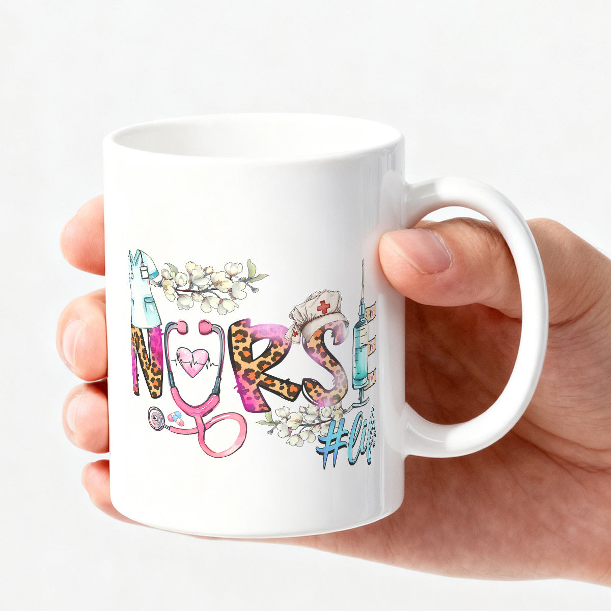 Alphynix Mug blanc 1 pièce 11 oz avec motif créatif "INFIRMIÈRE #vie" avec stéthoscope et pansements adhésifs, cadeau idéal pour la Journée des infirmières, cadeau de Saint-Valentin